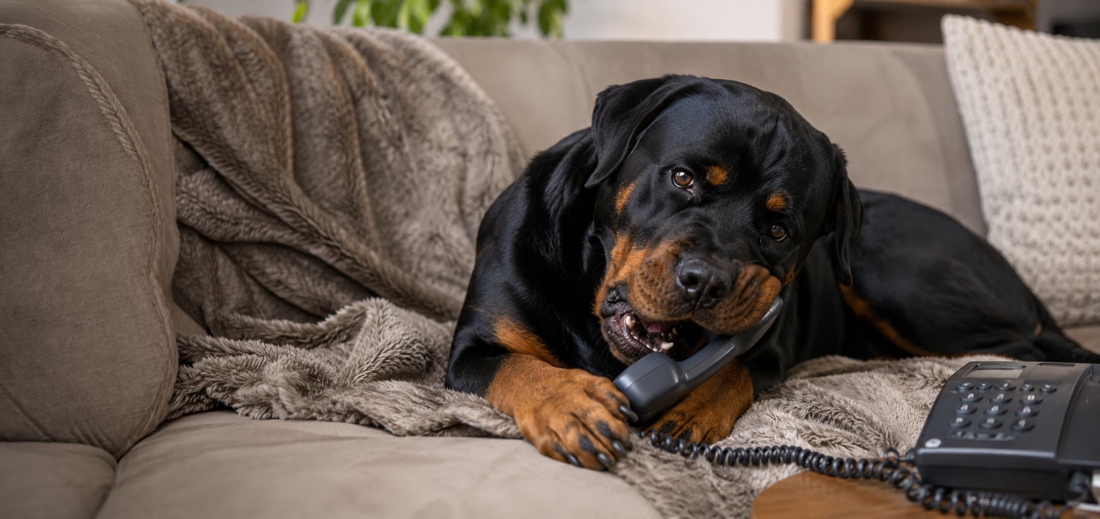 A Rottweiler lying on a couch, holding a telephone receiver as if taking a call