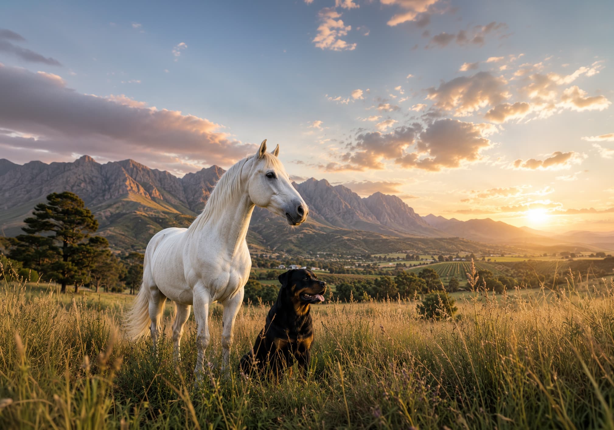 A white horse and dog standing together in a golden field at sunset, with mountains in the distance